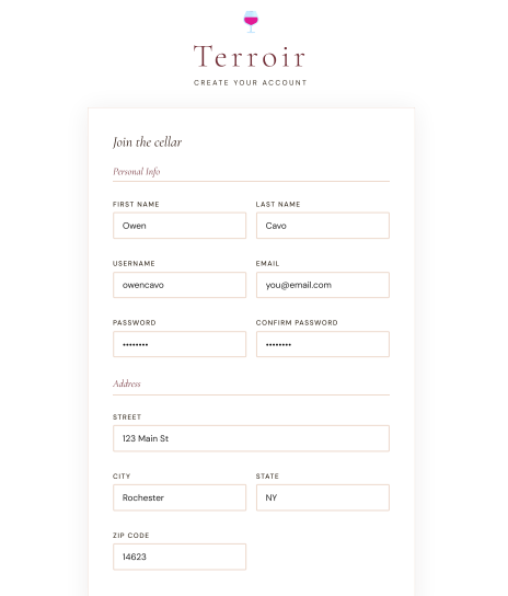 Terroir Cellar Account Registration Form